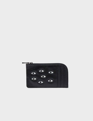 Fausto Black Leather Zip - around Cardholder - All Over Eyes Embroidery - Iris & Stout