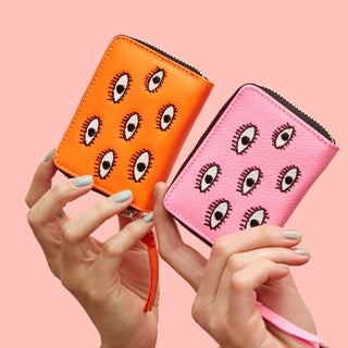 Frodo Neon Orange Leather Zip Around Wallet - All Over Eyes Embroidery - Iris & Stout