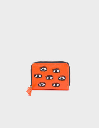 Frodo Neon Orange Leather Zip Around Wallet - All Over Eyes Embroidery - Iris & Stout