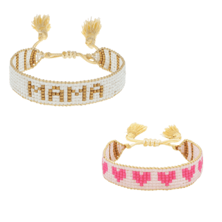 MAMA Beaded Bracelet in White and Gold with Pink Hearts - Iris & Stout