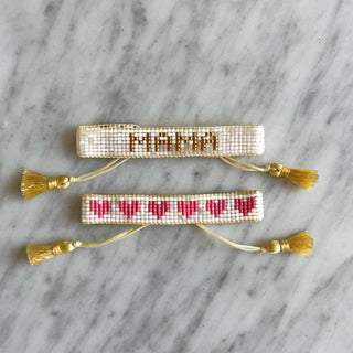 MAMA Beaded Bracelet in White and Gold with Pink Hearts - Iris & Stout