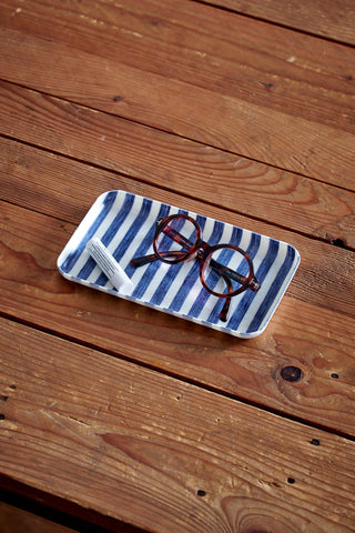 Linen Coated Tray- White Blue Stripe - Grand-Mère