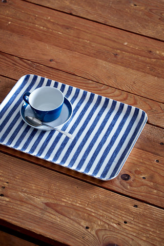 Linen Coated Tray- White Blue Stripe - Grand-Mère